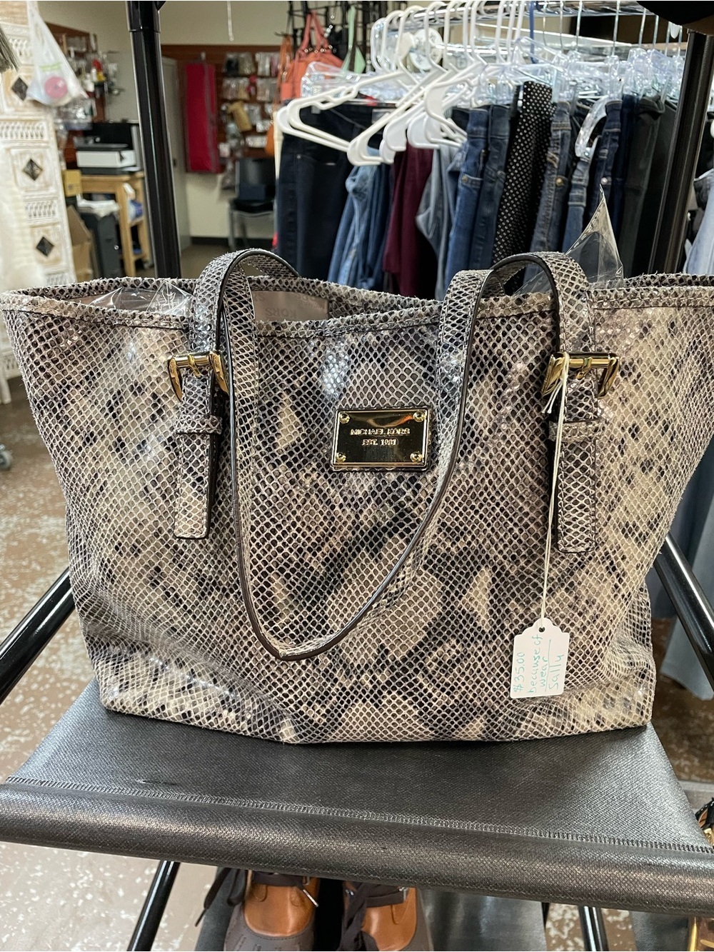 🐍 Michael Kors Snakeskin Print Tote Bag Gold Hardware Large Carryall. Grey